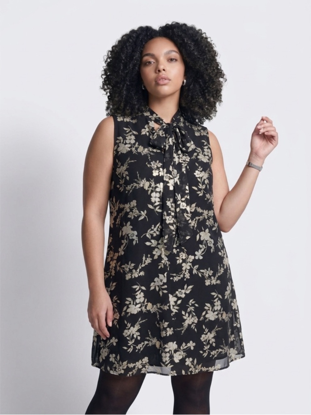 Lane Bryant Black Floral Tie-Neck Sleeveless Dress